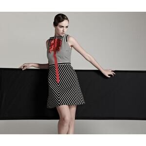 Byron Lars Beauty Mark Women's Black White Stripe A Line Dress Red Ribbon Zipper